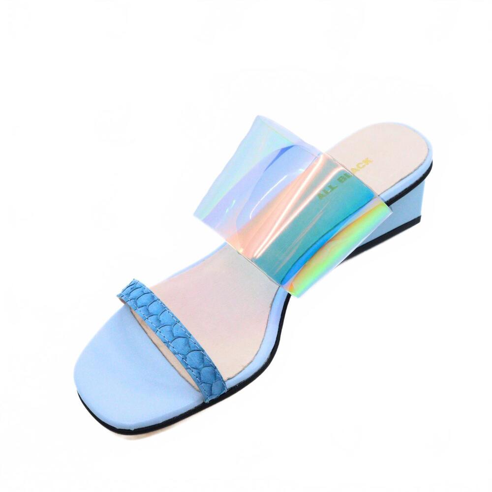 NEW ALL BLACK women's clear fish wedge sandals in blue